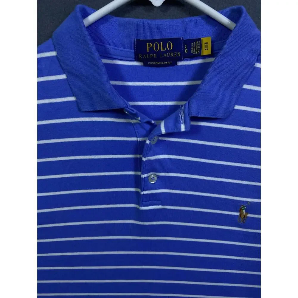Polo Ralph Lauren Custom Fit 22x24.5 Golf Shirt Men’s Size L Blue White Stripes